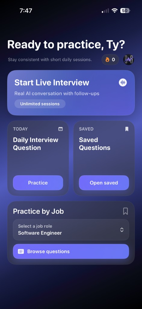 HireMind iOS home screen with Ready to practice, Start Live Interview, Daily Interview Question, and Practice by Job
