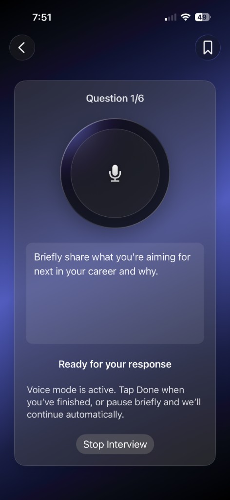 HireMind live voice interview showing Question 1 of 6 with microphone ready for response